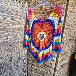 VTG Open Crochet Top Small Vivid Colors Sz S 3/4 Bell Sleeve Hippie Bohemian